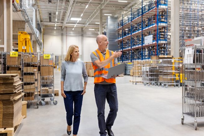 A photo of two people managing the inventory of a warehouse